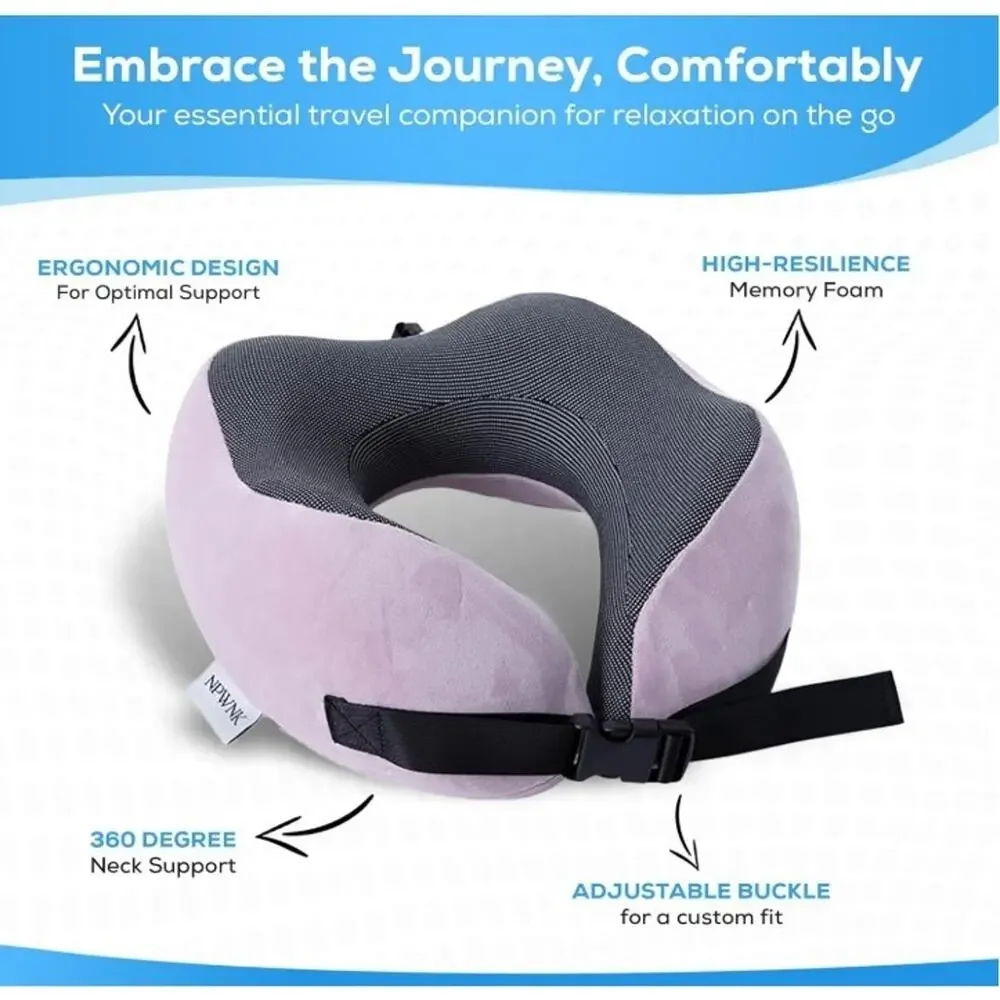 NPWNK Memory Foam Travel Neck Pillow w/ Eye Mask & Case – Grey/Blue